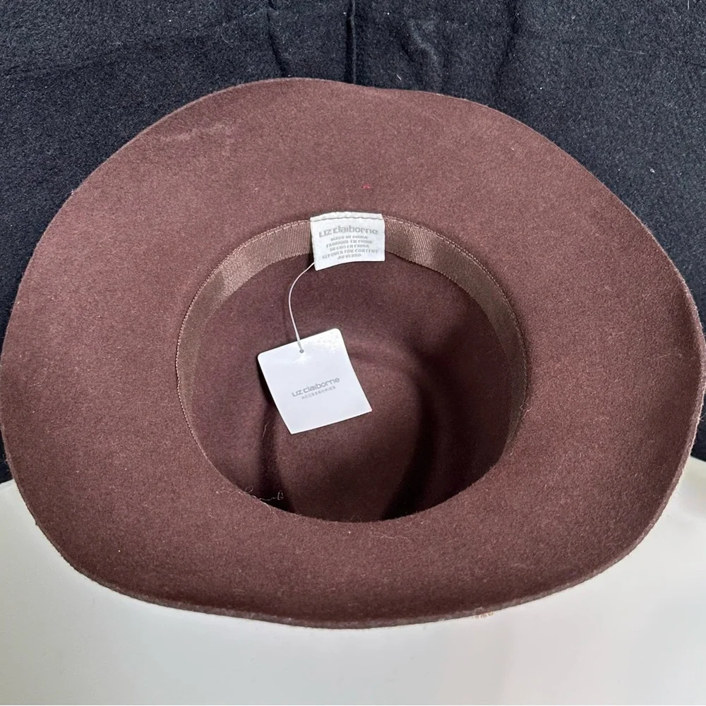 Liz Claiborne Women’s Fedora- Brown Wool Felt With Feather Highlights- NWT